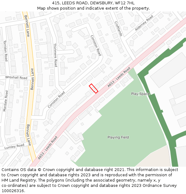 415, LEEDS ROAD, DEWSBURY, WF12 7HL: Location map and indicative extent of plot