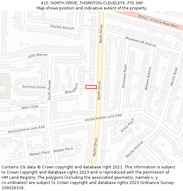 415, NORTH DRIVE, THORNTON-CLEVELEYS, FY5 3AP: Location map and indicative extent of plot