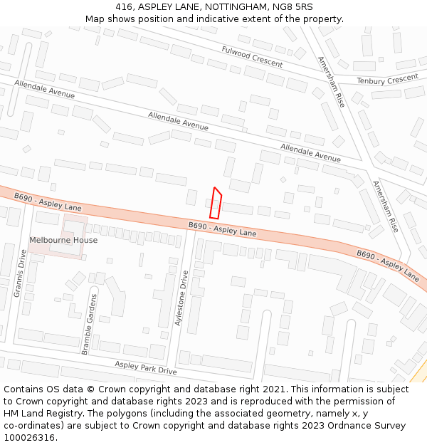 416, ASPLEY LANE, NOTTINGHAM, NG8 5RS: Location map and indicative extent of plot