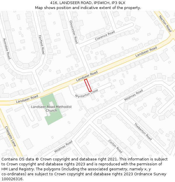 416, LANDSEER ROAD, IPSWICH, IP3 9LX: Location map and indicative extent of plot
