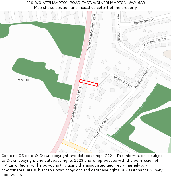 416, WOLVERHAMPTON ROAD EAST, WOLVERHAMPTON, WV4 6AR: Location map and indicative extent of plot