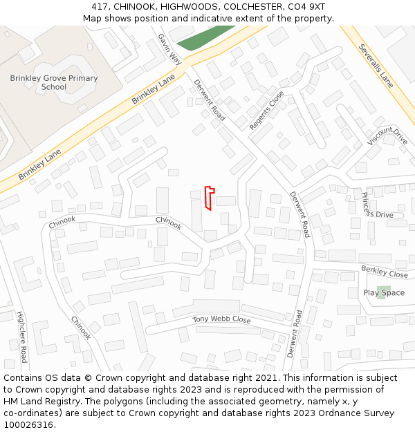417, CHINOOK, HIGHWOODS, COLCHESTER, CO4 9XT: Location map and indicative extent of plot