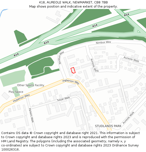 418, AUREOLE WALK, NEWMARKET, CB8 7BB: Location map and indicative extent of plot