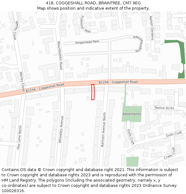 418, COGGESHALL ROAD, BRAINTREE, CM7 9EG: Location map and indicative extent of plot