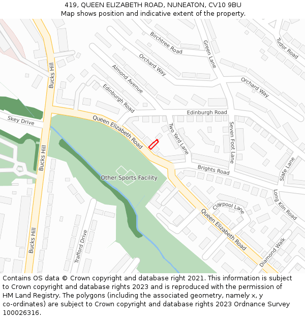 419, QUEEN ELIZABETH ROAD, NUNEATON, CV10 9BU: Location map and indicative extent of plot