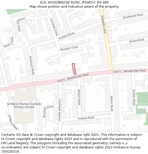 419, WOODBRIDGE ROAD, IPSWICH, IP4 4ER: Location map and indicative extent of plot