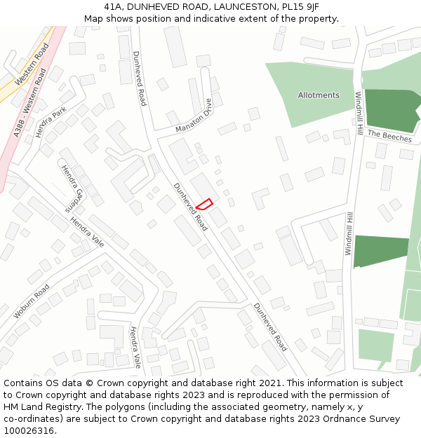 41A, DUNHEVED ROAD, LAUNCESTON, PL15 9JF: Location map and indicative extent of plot