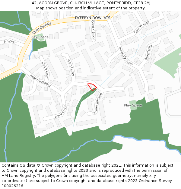 42, ACORN GROVE, CHURCH VILLAGE, PONTYPRIDD, CF38 2AJ: Location map and indicative extent of plot