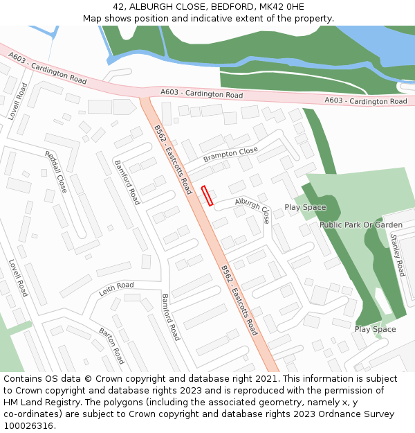 42, ALBURGH CLOSE, BEDFORD, MK42 0HE: Location map and indicative extent of plot