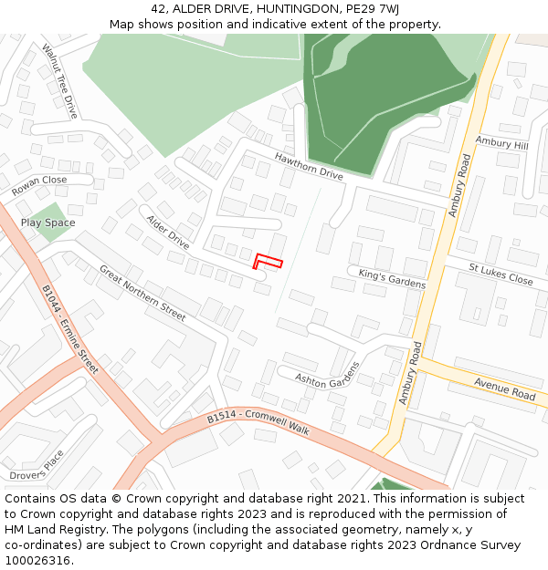 42, ALDER DRIVE, HUNTINGDON, PE29 7WJ: Location map and indicative extent of plot
