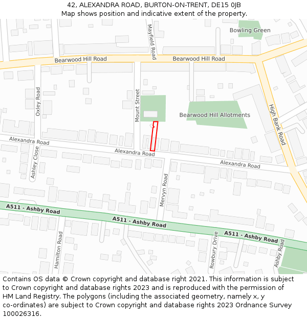 42, ALEXANDRA ROAD, BURTON-ON-TRENT, DE15 0JB: Location map and indicative extent of plot
