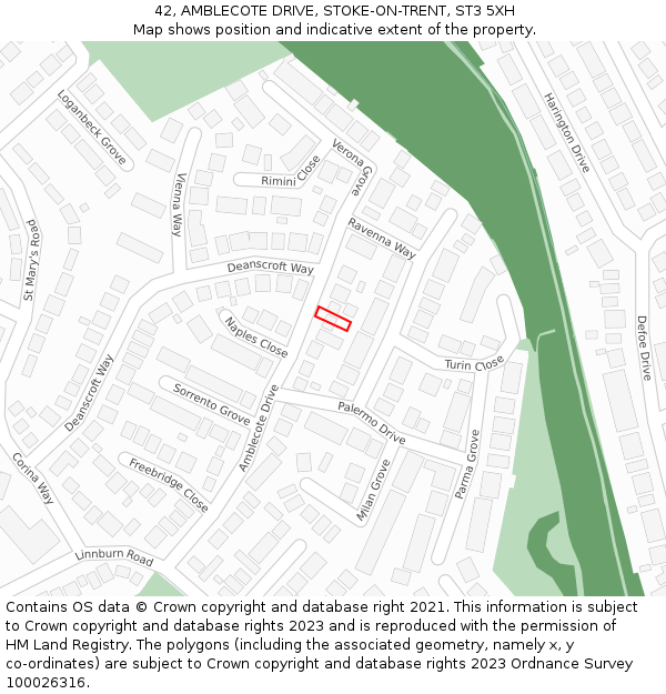 42, AMBLECOTE DRIVE, STOKE-ON-TRENT, ST3 5XH: Location map and indicative extent of plot