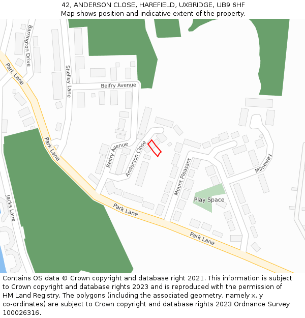 42, ANDERSON CLOSE, HAREFIELD, UXBRIDGE, UB9 6HF: Location map and indicative extent of plot