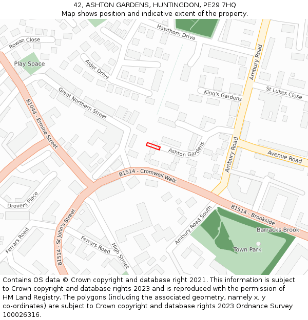 42, ASHTON GARDENS, HUNTINGDON, PE29 7HQ: Location map and indicative extent of plot