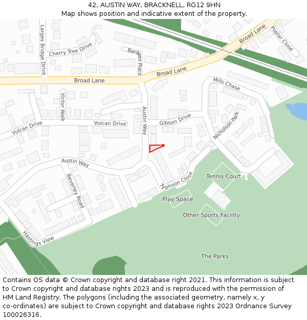 42, AUSTIN WAY, BRACKNELL, RG12 9HN: Location map and indicative extent of plot