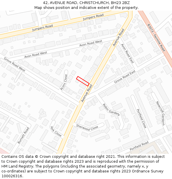 42, AVENUE ROAD, CHRISTCHURCH, BH23 2BZ: Location map and indicative extent of plot