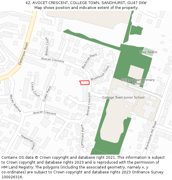 42, AVOCET CRESCENT, COLLEGE TOWN, SANDHURST, GU47 0XW: Location map and indicative extent of plot