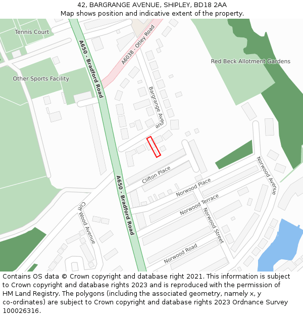 42, BARGRANGE AVENUE, SHIPLEY, BD18 2AA: Location map and indicative extent of plot