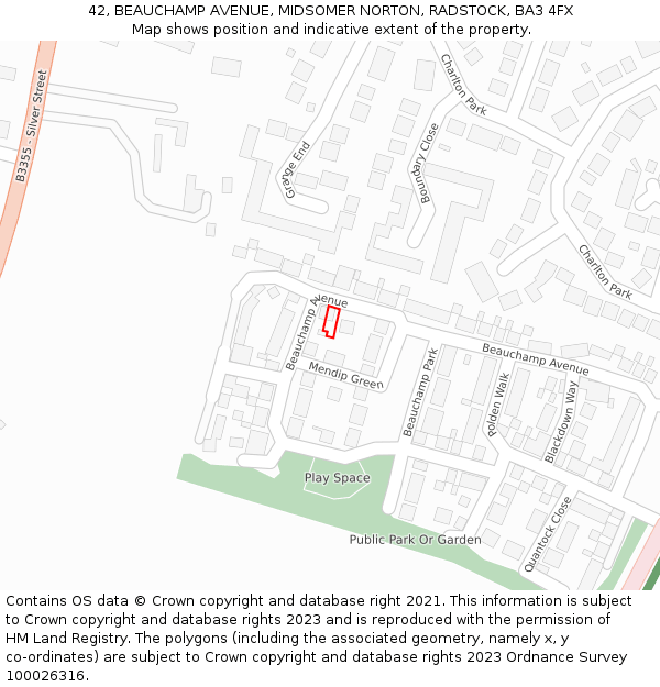 42, BEAUCHAMP AVENUE, MIDSOMER NORTON, RADSTOCK, BA3 4FX: Location map and indicative extent of plot