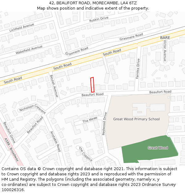 42, BEAUFORT ROAD, MORECAMBE, LA4 6TZ: Location map and indicative extent of plot