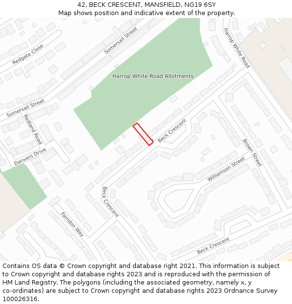 42, BECK CRESCENT, MANSFIELD, NG19 6SY: Location map and indicative extent of plot