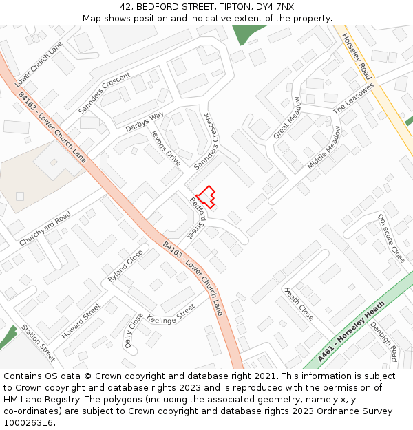 42, BEDFORD STREET, TIPTON, DY4 7NX: Location map and indicative extent of plot