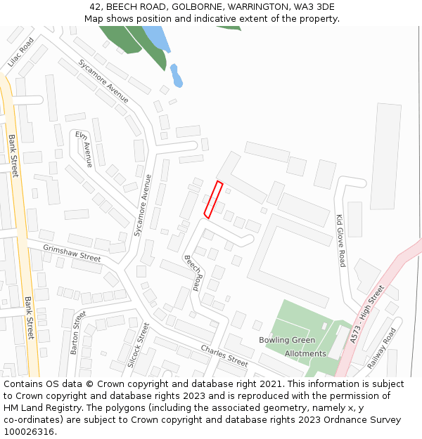 42, BEECH ROAD, GOLBORNE, WARRINGTON, WA3 3DE: Location map and indicative extent of plot