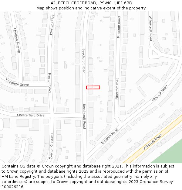 42, BEECHCROFT ROAD, IPSWICH, IP1 6BD: Location map and indicative extent of plot