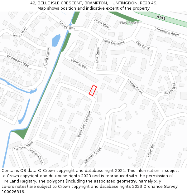 42, BELLE ISLE CRESCENT, BRAMPTON, HUNTINGDON, PE28 4SJ: Location map and indicative extent of plot