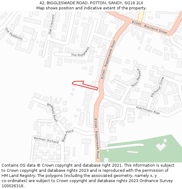 42, BIGGLESWADE ROAD, POTTON, SANDY, SG19 2LX: Location map and indicative extent of plot