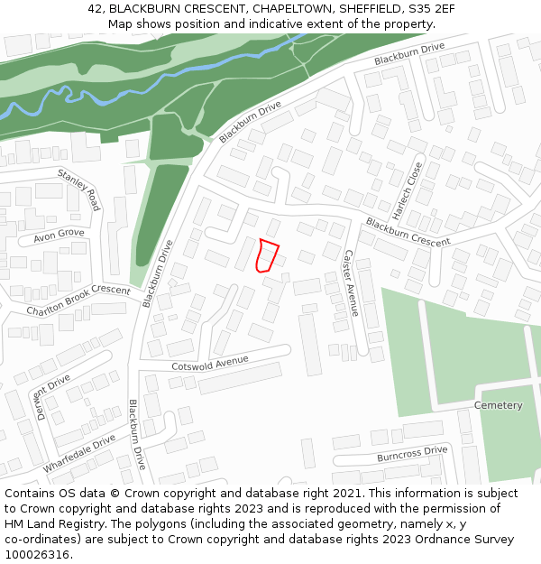 42, BLACKBURN CRESCENT, CHAPELTOWN, SHEFFIELD, S35 2EF: Location map and indicative extent of plot