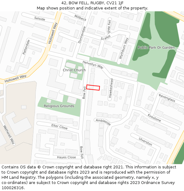 42, BOW FELL, RUGBY, CV21 1JF: Location map and indicative extent of plot