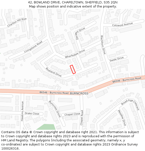42, BOWLAND DRIVE, CHAPELTOWN, SHEFFIELD, S35 2QN: Location map and indicative extent of plot