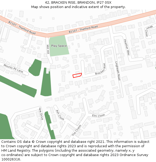 42, BRACKEN RISE, BRANDON, IP27 0SX: Location map and indicative extent of plot