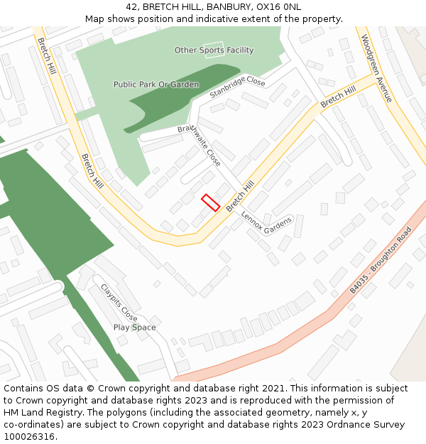 42, BRETCH HILL, BANBURY, OX16 0NL: Location map and indicative extent of plot