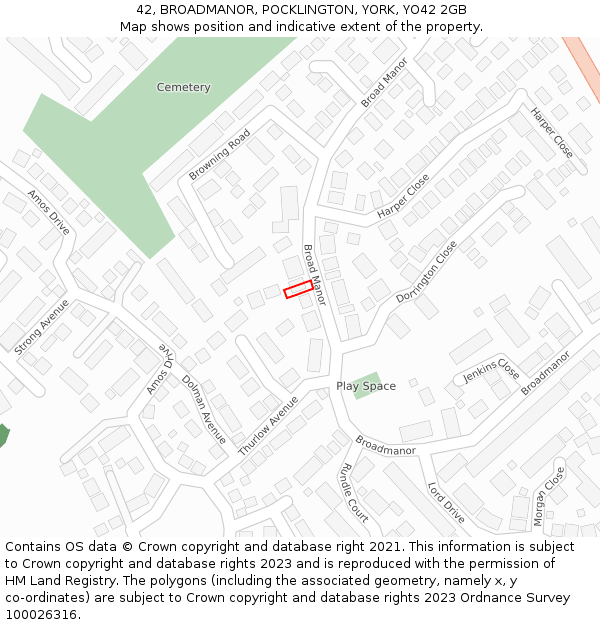 42, BROADMANOR, POCKLINGTON, YORK, YO42 2GB: Location map and indicative extent of plot