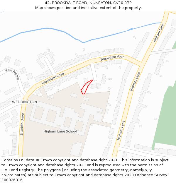 42, BROOKDALE ROAD, NUNEATON, CV10 0BP: Location map and indicative extent of plot