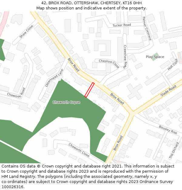 42, BROX ROAD, OTTERSHAW, CHERTSEY, KT16 0HH: Location map and indicative extent of plot