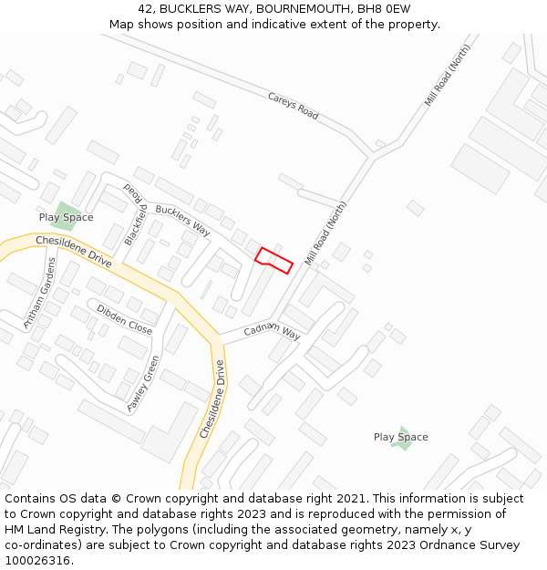 42, BUCKLERS WAY, BOURNEMOUTH, BH8 0EW: Location map and indicative extent of plot