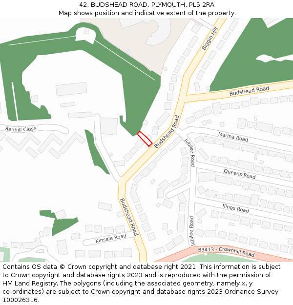 42, BUDSHEAD ROAD, PLYMOUTH, PL5 2RA: Location map and indicative extent of plot