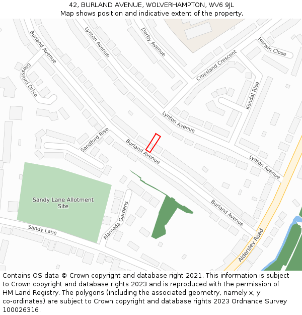 42, BURLAND AVENUE, WOLVERHAMPTON, WV6 9JL: Location map and indicative extent of plot