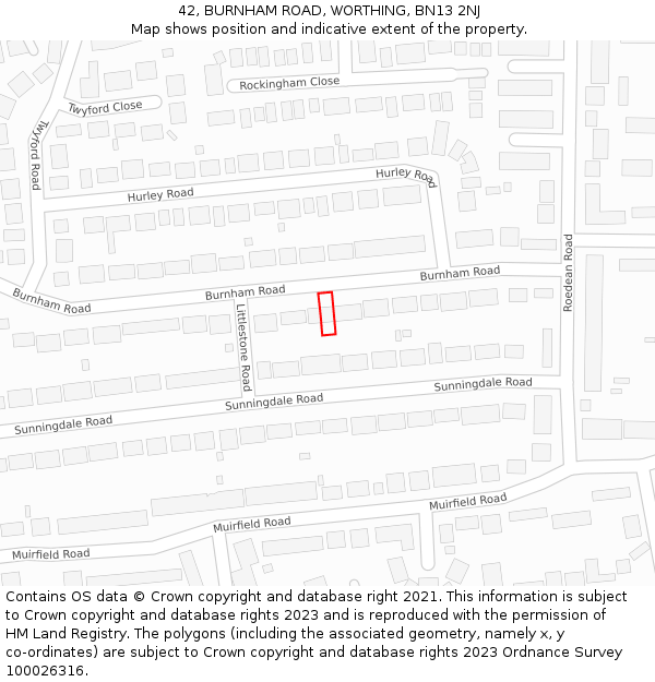 42, BURNHAM ROAD, WORTHING, BN13 2NJ: Location map and indicative extent of plot