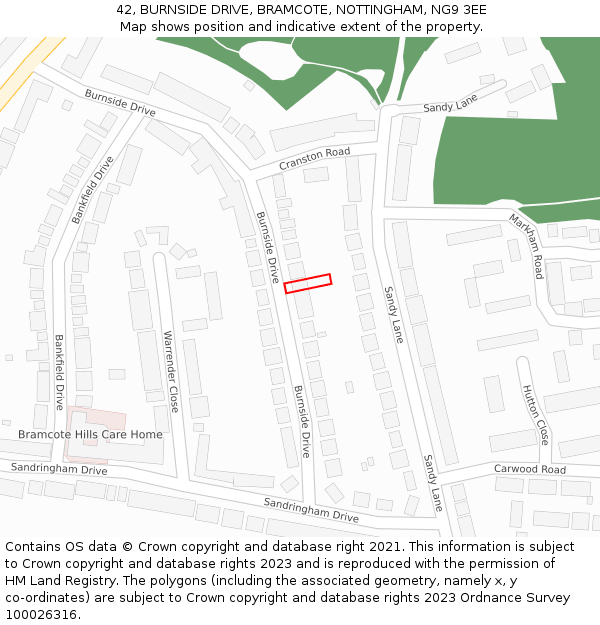 42, BURNSIDE DRIVE, BRAMCOTE, NOTTINGHAM, NG9 3EE: Location map and indicative extent of plot