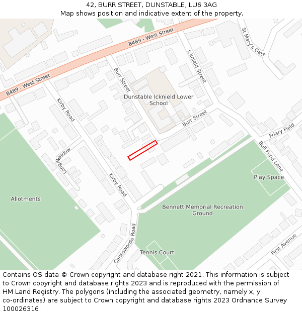42, BURR STREET, DUNSTABLE, LU6 3AG: Location map and indicative extent of plot