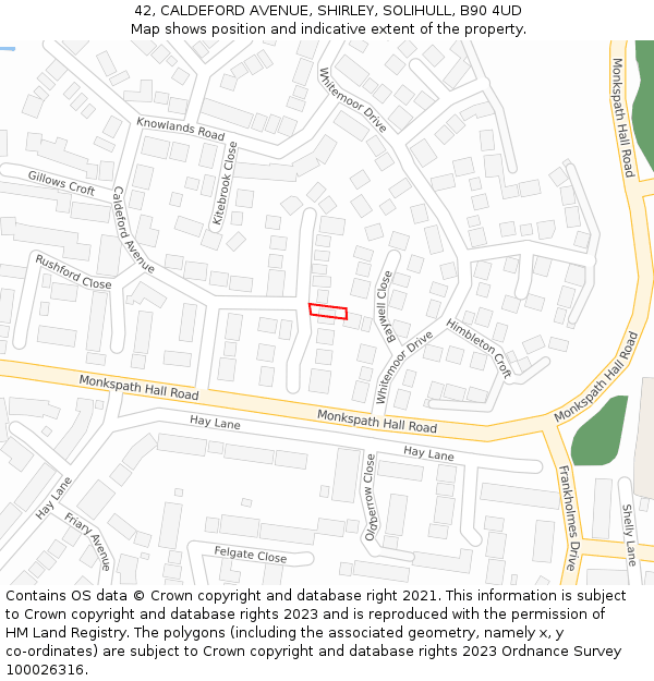 42, CALDEFORD AVENUE, SHIRLEY, SOLIHULL, B90 4UD: Location map and indicative extent of plot