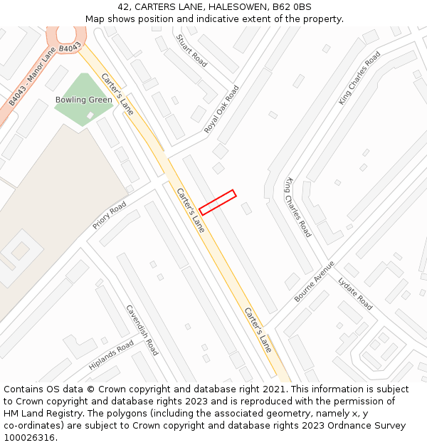 42, CARTERS LANE, HALESOWEN, B62 0BS: Location map and indicative extent of plot