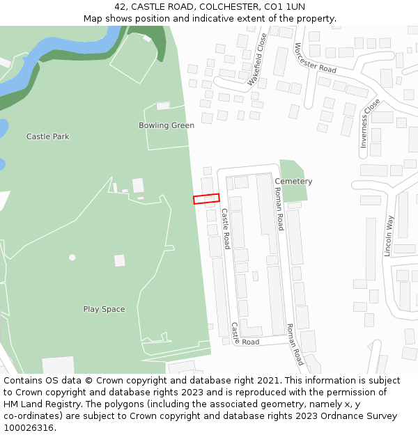 42, CASTLE ROAD, COLCHESTER, CO1 1UN: Location map and indicative extent of plot