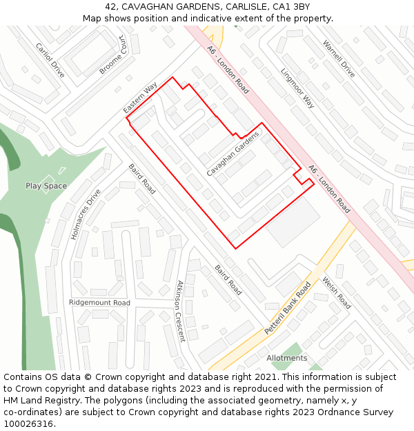 42, CAVAGHAN GARDENS, CARLISLE, CA1 3BY: Location map and indicative extent of plot