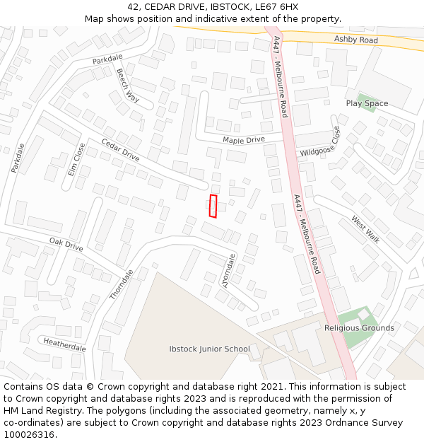 42, CEDAR DRIVE, IBSTOCK, LE67 6HX: Location map and indicative extent of plot