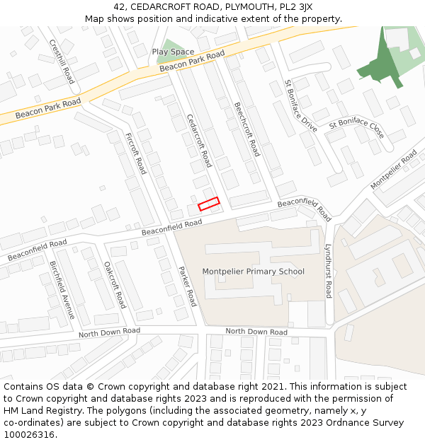 42, CEDARCROFT ROAD, PLYMOUTH, PL2 3JX: Location map and indicative extent of plot